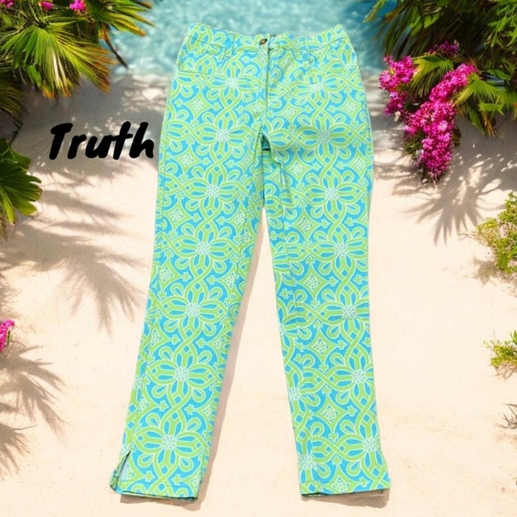 TRUTH BY REPUBLIC NWT WOMENS XS STRETCH ANKLE PANTS NEON GREEN/BLUE SUMMER - Picture 1 of 8